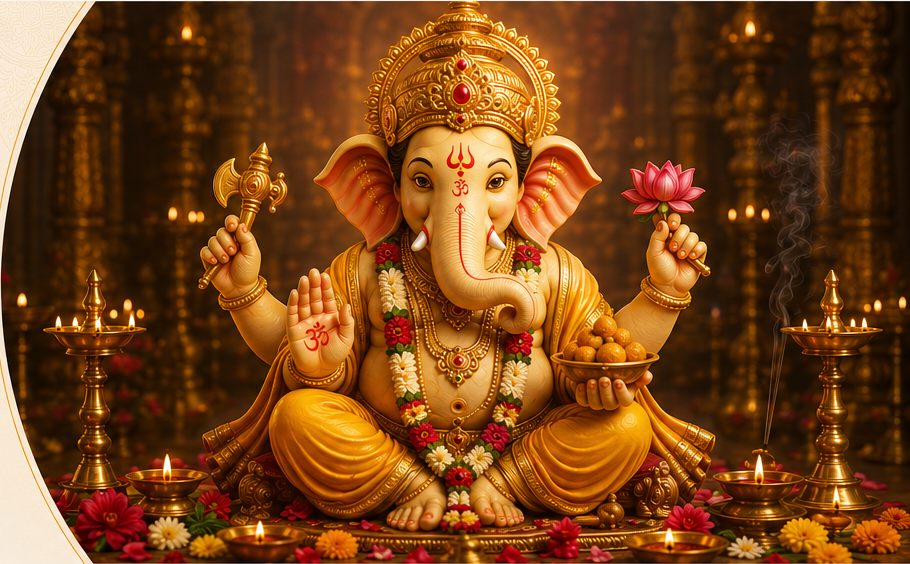 Lord Ganesha in a beautifully decorated temple setting